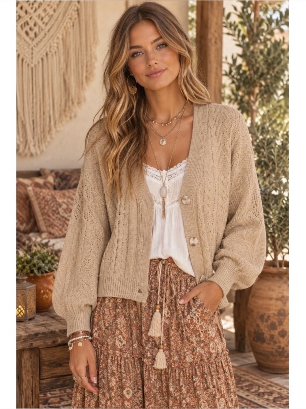No Boundaries Beige Cable Knit Button Cardigan
